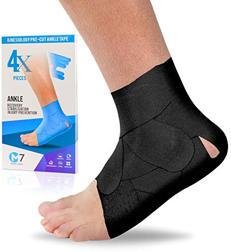 M7 Sport Kinesiology Tape for Ankle Sprain and Stability, Kt Tape for Ankle, Pain Relief Therapeutic Tape, Plantar Fasciitis, Waterproof, Eases Swelling (Black, 4-Pack)