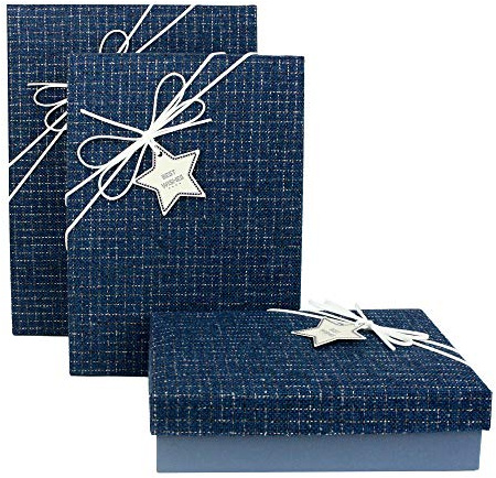 Emartbuy Set von 3 Starrer Luxus Rechteckige Präsentations Geschenkbox, Blaue Box mit Strukturierter Stoff Blauer Deckel, Schokoladenbraunes Interieur und Wildleder-Dekorband