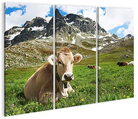 islandburner Cuadro en lienzo Vaca lechera con pasto en Suiza Montañas alpinas Pasto de hierba verde sobre el cielo azul Cuadros Modernos Decoracion Impresión Salon