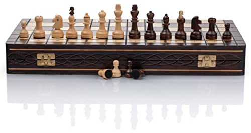 Master of Chess Träschackbräde CAPABLANCA 40 cm - Handgjort, Portabelt Schackbräde - Dekorerat, Stort, Vikbart Schackset för Barn och Vuxna - 100 Rutor