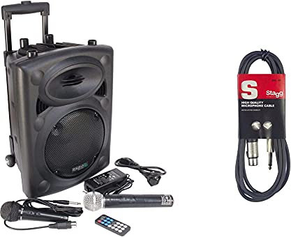 Ibiza Port8Vhf-Bt-Wh Impianto Audio Portatile Cassa Attiva (400 Watt, Ingressi USB SD Mp3, 2 Microfoni, Batteria Integrata), Nero, Subwoofer 8 & Stagg SMC6XP Cavo Microfonico di Alta Qualità