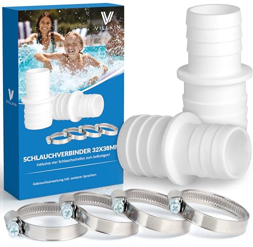 Villkin 2 conectores de manguera con 4 abrazaderas para la piscina – Boquilla de manguera en paquete de 2 unidades (32 mm x 38 mm, blanco).