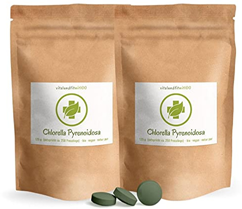 Bio Chlorella Presslinge à 500 mg - (2 Beutel mit je 125 g = ca. 500 Stück) - Naturprodukt - vegan/rein - gentechnikfrei