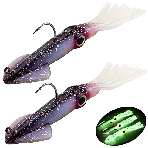 QualyQualy Gummifische Angelköder für Forelle Zander & Barsch, Octopus Kunstköder Angelausrüstung Gummiköder Angelsets Jigs Head mit Haken, Tintenfisch Angelköder 35g 2 Stück