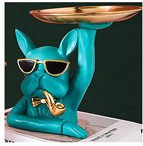 DUNAKE Storage Tray,Französische Bulldogge Skulptur mit Edelstahl Tablett,Gold Tablett,Schmuck ​Tablett,für die Lagerung von Kerzen, Getränken, Früchten, Parfums (Color : Blue)