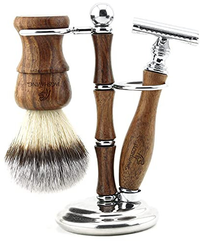 Jag Shaving Rasierset - Nachhaltige 3-teiliges Rasierset aus Holz - Synthetikhaar Rasierpinsel - doppelkante Rasierklingen Rasierhobel - Rasierhobel Damen – und Herren – Rasierständer