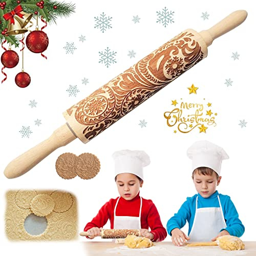 Mattarello, Mattarello di Natale, Goffratura Mattarello, Mattarello di Rilievo, Mattarello in Legno, Mattarello Inciso, Mattarello 3D Rolling Pin, Per Biscotti Natalizi Fai Da Te (A)