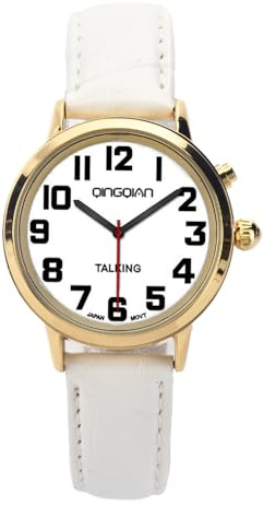 QINGQIAN Montre parlante adaptée aux personnes âgées et malvoyantes pour le style féminin (ceinture blanche)