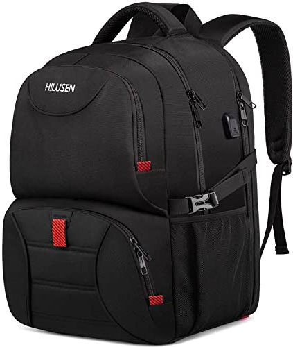 HILUSEN Mochila grande para hombre, 50 l, para trabajo, portátil de 17,3 pulgadas, con puerto de carga USB, para viajes, negocios, viajes, viajes, para hombres, mujeres, niños, adolescentes, negro