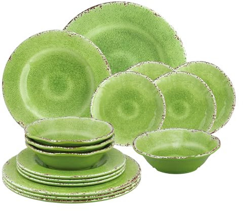 UP ware - Juego de vajilla de melamina agrietada de 16 piezas, juego de platos para exteriores, juegos de platos y cuencos, servicio para 4, color verde