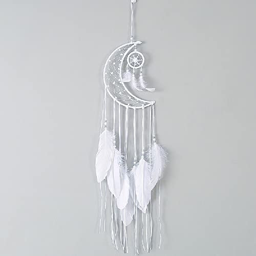 DEGY Dreamcatcher, Vintage Home Decor Traumfänger, Wandteppich Mond, Traumfänger aus Baumwolle, mit Quasten, Dekorationen, Traumfänger mit Federn, Hängeornament (weiß)