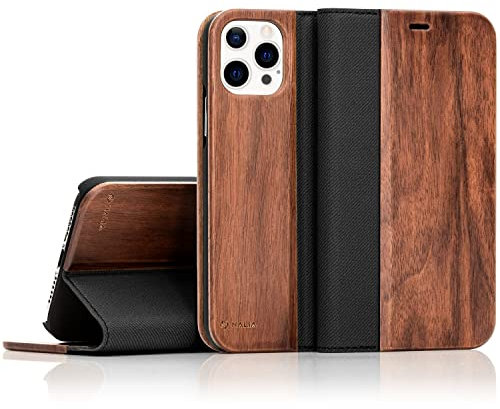 NALIA Echt-Holz Flipcase kompatibel mit iPhone 13 Pro Hülle, FSC zert. Natur Holzhülle mit Standfunktion & Kartenfach, Premium Wood Case Wallet Rundum-Schutz Handyhülle Klapphülle Bookcase - Walnuss