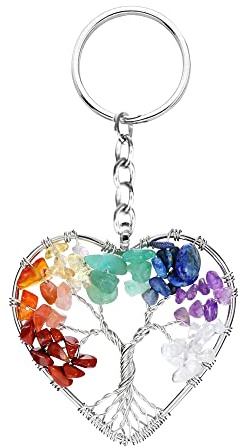 MYBOTA Tree of Life Keyring 7 Chakra Healing Crystal Tumbled Stone Natural Gemstone Car Key Chain Reiki Healing Keychain for Friendship Women Men Girls Bikes Home