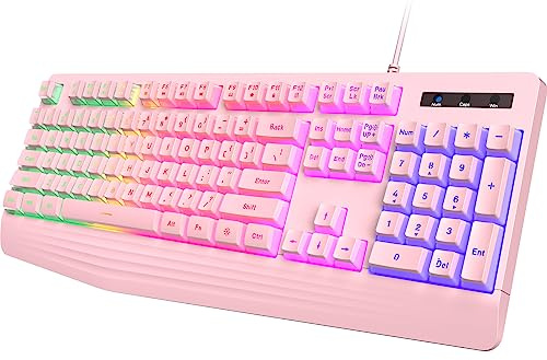 Pink Creamy Keyboard Wired, LED Backlit, 104 Keys Silent Light Up Gaming | Rainbow LED Backlit, Gaming Keyboard with Wrist Rest, PBT Keycap, Anti-ghosting, Waterproof USB Wired for PC Mac Xbox