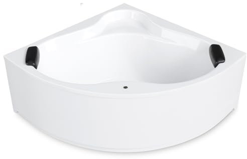AQUADE Acryl Eckbadewanne 150x150 Modell: Essen Hergеstellt in Dеutschland - Weiß Badewanne Komplettset 150x150 - Badewannen mit Wannenfüßen + Schürze + Ab-Überlaufgarnitur + Nackenkissen + Led