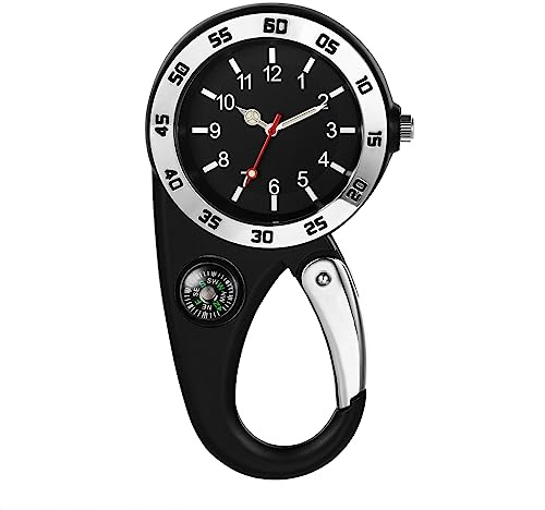Avaner Taschenuhr mit Karabiner Karabineruhr Rucksack Schnalle Uhr mit Leuchtzeiger und Notfall Kleine Taschenlampe Unisex FOB Analog Quarzwerk Uhr für Klettern Sport Outdoor Aktivitäten, Silber