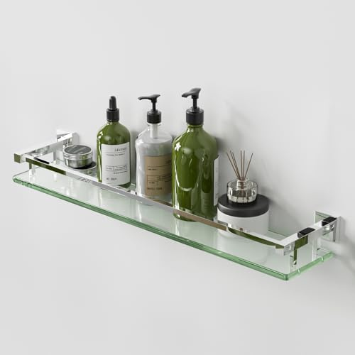 Alise Glasregal für Badezimmer, 61 cm, poliertes Chrom, schwebendes Regal | Badezimmerregal aus gehärtetem Glas mit SUS304 Edelstahlgeländer, wandmontiertes schwebendes Regal für