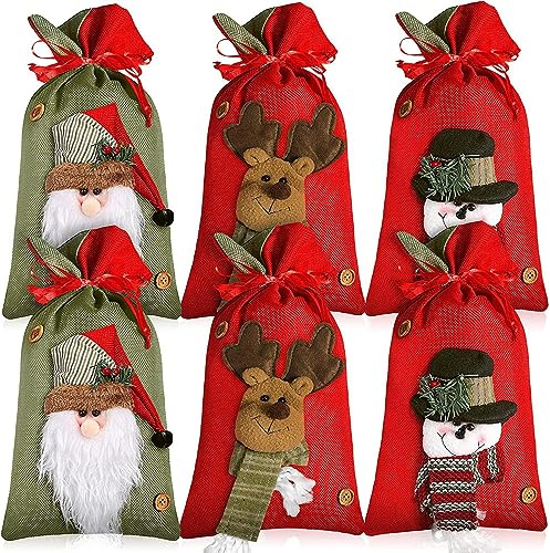 LATERN 6 Stück Weihnachtsbeutel mit Kordelzug, Groß 3D Stoff Weihnachtsmann Schneemann Rentier Sackleinen Büffelkaro Weihnachts Geschenkver Packungsbeutel Leckerlibeutel Goody Bags für Weihnachtsfeier