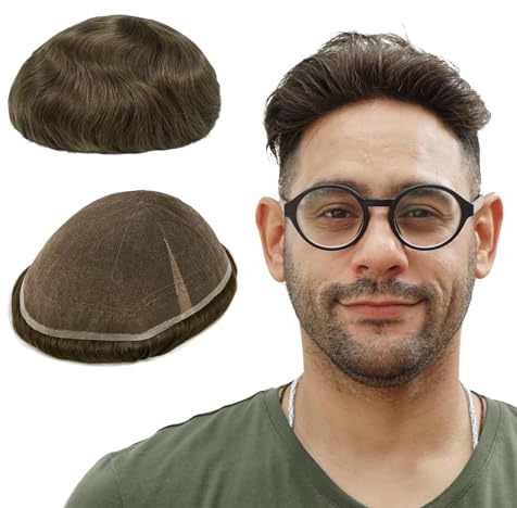 Lordhair Echthaar Toupet für Männer, 100% Echthaar Toupet Herren,Schweizer Spitzenhaarteil(Dünnes bis Mitteldichtes,Hellbraun 7#(Asche))