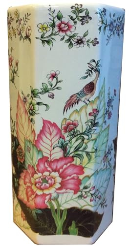 M S L Hexagonal Pink and Navy Floral Ceramic Umbrella Stand/Walking Stick Stand/Large Vase