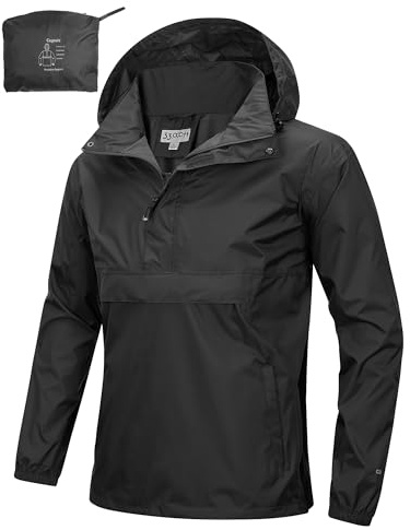 33,000ft Herren Regenjacke Wasserdichter Packbarer Pullover mit Kapuze | Nylon, Reflektierende Streifen, geklebte Naht, Leicht, 3 Taschen, Winddicht, Atmungsaktiv, für Fahrrad Wandern Outdoor
