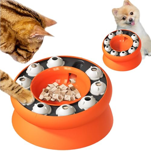 Fiyade Raised Cat Bowl Slow Feeder with Stand, Interactive Cat Toy Puzzle, Neck Protective Tilted Food Bowl, Orange