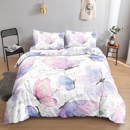 HOSIMA Bettwäsche-Set Mit Lila Schmetterling-Aufdruck für Erwachsene, Jungen Und Mädchen - Bettbezug Mit 2 Kissenbezügen (S)