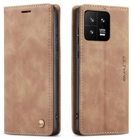 QLTYPRI Hülle für Xiaomi 13/13T Pro, Leder Klapphülle, Braun | Vintage PU Leder Hülle, Handyhülle mit 2 Kartenfächer, Standfunktion, Weicher TPU-Rahmen, Stoßfeste Flip Wallet Case