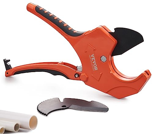 VEVOR PVC Pipe Cutter, Up to 2-1/2 O.D. Ratchet Pipe Cutter Heavy Duty, Professional Tube Cutting Tool with SK5 Steel Blade & Ergonomic Handle, Uses for PVC, CPVC, PP-R, PEX, PE, Rubber Hose