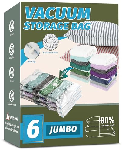 Space Saver Bags, Vacuum Storage Bags, Compression for Blankets and Bedding, Clothes Sealer Storage, No Pump Included (Pack of 6, Jumbo Size)