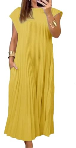 Longue robe plissée simple de couleur unie pour femme, à col rond, ample, pour l'été