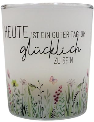 Windlichtglas mit Motiv auf Einer transparenten Banderole, inkl. 1 Teelicht, H/Ø: 6,5 x 6 cm, Motiv: Heute ist EIN guter Tag um Glücklich zu Sein.