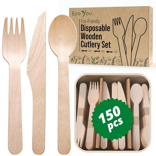 EcoYou Bamboo Cutlery | 300PCS | 100X Wooden Forks, Spoons, Knives | Biodegradable | Disposable for Parties | Compostable