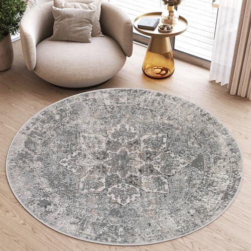 TAPISO Valley Rund Teppich Kurzflor Vintage Grau Blumen 80 x 80 cm | Rahmen Orientalisch Used Effekt Meliert Verwischt Wohnzimmer Schlafzimmer OEKO-TEX