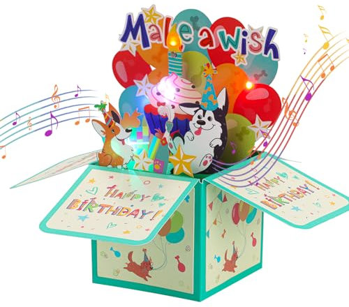 Ulanox Geburtstagskarte mit Musik und LED-Licht, 3D Pop up Happy Birthday Grußkarte mit Welpe Design, Geburtstagsgeschenk für Frauen, Männer, Mädchen und Junge