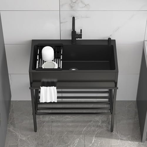 Lavandino Da Esterno Nero, Lavello In Acciaio Inox Con Rubinetto, Lavatoio Da Giardino Campeggio, Vasca Singola Lavandino Della Cucina, Per La Casa Ristorante, Lavanderia, Giardino(55x45x86cm)