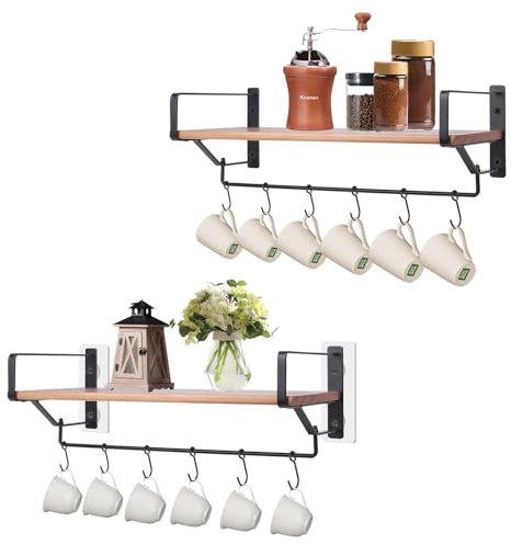 Wandregal Küche Holz mit 6 Haken, Küchenregal Gewürzregal 2er Set, Kaffee Organizer, Handtuchhalter Ohne Bohren, Schweberegal für Küchen, Badezimmer, Kaffeebar