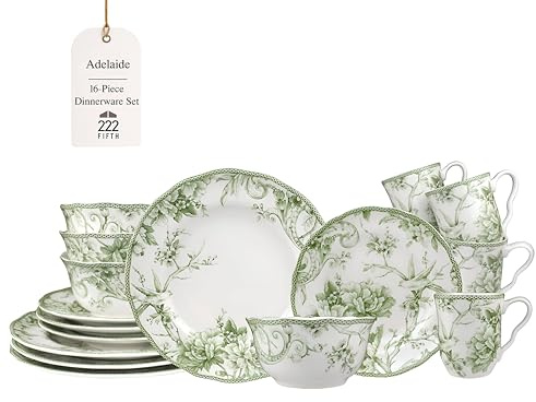 222 Fifth Adelaide Moss 16-Piece Porcelain Dinnerware Set – Service for 4, Plates, Bowls & Mugs, Hand-Applied Decal, Microwave & Dishwasher Safe, for Everyday Dining & Entertainment