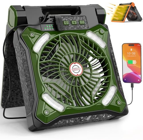 KITWLEMEN Upgraded Solar Camping Fan with Lantern - Rechargeable Battery Operated Fan, 36H Run Time Max, 4 Speeds, 8H Timer, 90° Adjustable Portable Desk Fan for Hurricane, Power Outage, Outdoor Use