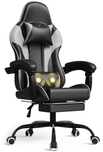 Devoko Gaming Stuhl Massage, Bürostuhl Ergonomisch Mit fußstütze und Massage-Lendenkissen, Gamer Stuhl verstellbare Rückenlehne 90-150°, Gamingstuhl 150 kg belastbarkeit, Weiß