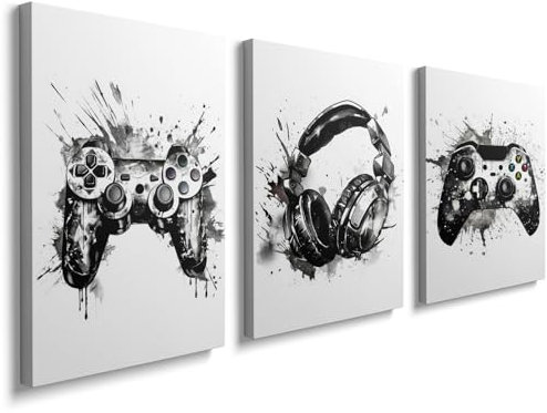prinfantasy Black and White Wall Art Pictures - Hall for Walls Bedroom Set of 3 Framed Gaming Print 1105