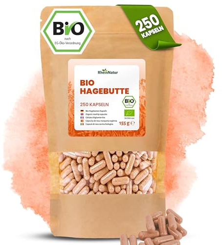 RheinNatur Capsule di rosa canina bio 250 pezzi – 2000 mg per dose giornaliera – Rosa canina pura biologica macinata in capsula vegetale, vegana – Ricca di vitamine, minerali e antiossidanti