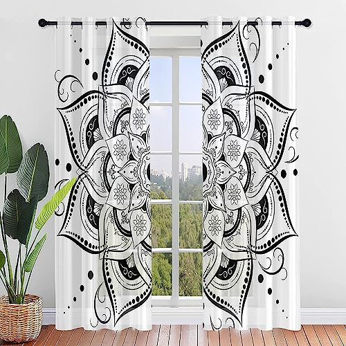 Highdi 3D Voile Vorhänge mit Ösen 2er Set, Transparente Gardinen für Wohnzimmer Ösenschal Halbtransparent Ösenvorhang für Moderne Schlafzimmer (weißes Mandala,W107 x H160 cm)