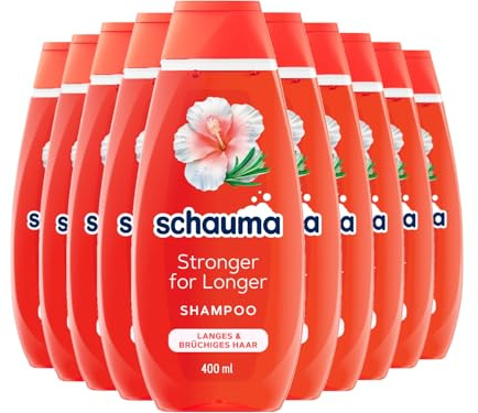 SCHAUMA Stärkungs-Shampoo Stronger for Longer (10x 400 ml), Haarshampoo stärkt langes & brüchiges Haar, Shampoo für langes Haar mit Rosmarin & Hibiskus