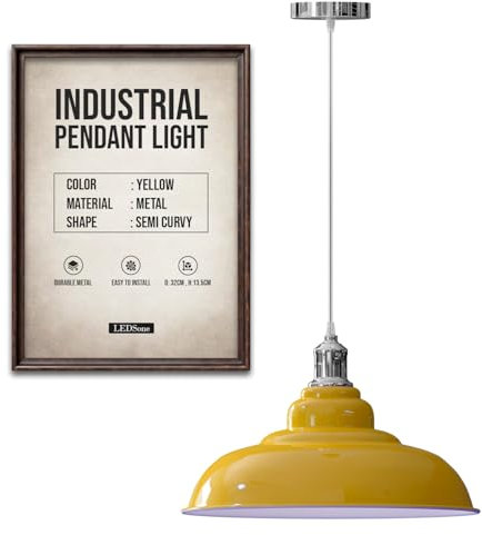 LEDSone Lampada a sospensione retrò E27 32 cm, lampada da soffitto in metallo, stile vintage, cavo regolabile - Faretto bianco per cucina, sala da pranzo, bar, caffetteria, ufficio (Giallo)