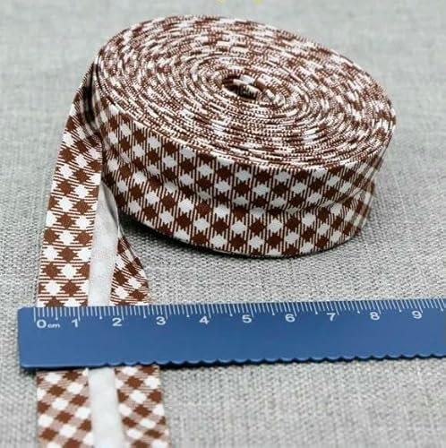 Schrägband aus Baumwolle, Punkte, Gitter, Streifen, Schottenkaro, kariert, schottisch bedruckt, 25 mm x 5 m, Rolle, Baumwoll-Twill-Stoff, Falte 27, braunes Gi