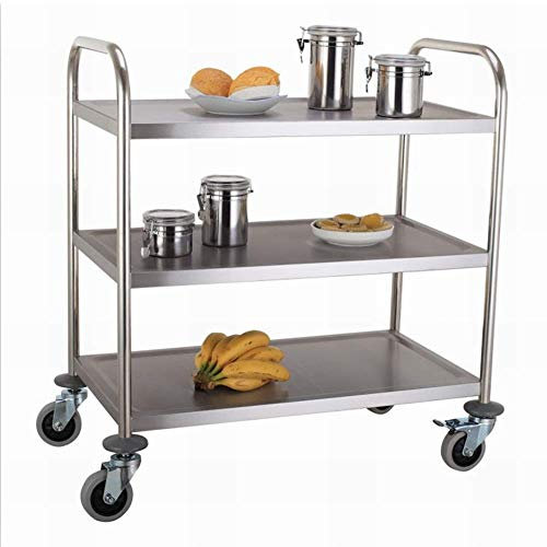 HUIBBGO Handkarren-Aufbewahrung, Bewegliche Küchenwagen, 3-stufiger Hotelwagen mit Griff, Edelstahl-Restaurant-Sammel-Servierwagen mit Bremsrad, S75X40X83Cm