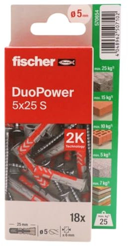 fischer - Duopower 5 x 25 con vite - 18U, tasselli da parete multimateriale, servono per appendere biciclette, quadri, armadi, supporti TV, scaffali, mobili.