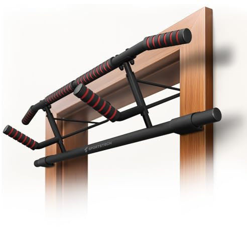 Sportstech Pullmate Klimmzugstange für Zuhause zum Einhängen, Türrahmenmontage ohne Schrauben, verstellbar, rutschfeste Griffe, inkl. Klimmzughilfe und Schlingentrainer, 200 kg belastbar, Calisthenic