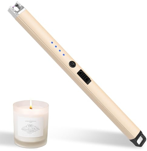Candle Lighter, Rechargeable USB Electric Lighter, Windproof Flameless, LED Display, Battery Indicator for BBQ, Grill, Camping, Fireplace, Stove, Parties(Champagne Gold)